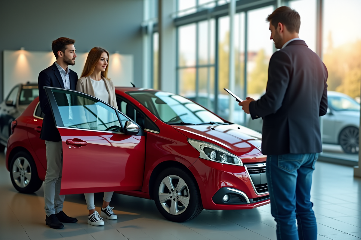 Jeune couple inspectant une Peugeot 208 d'occasion en concession