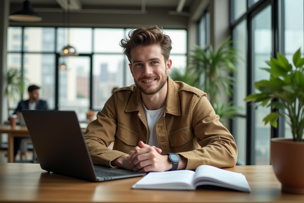 Jeune homme en streetwear dans un espace de coworking lumineux