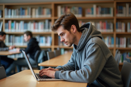 Étudiant en bibliothèque travaillant sur son ordinateur portable