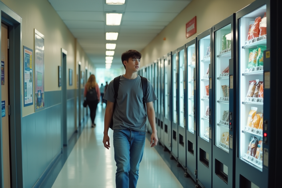 Jeune étudiant passant devant un distributeur automatique