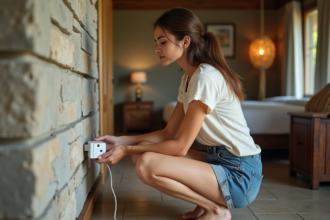 Jeune femme voyageant à Bali branche un adaptateur électrique