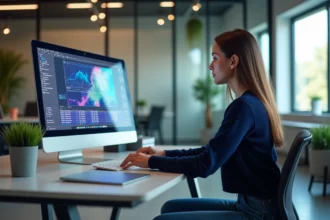 Jeune femme au bureau interagissant avec un écran tactile pour l'article {titre}