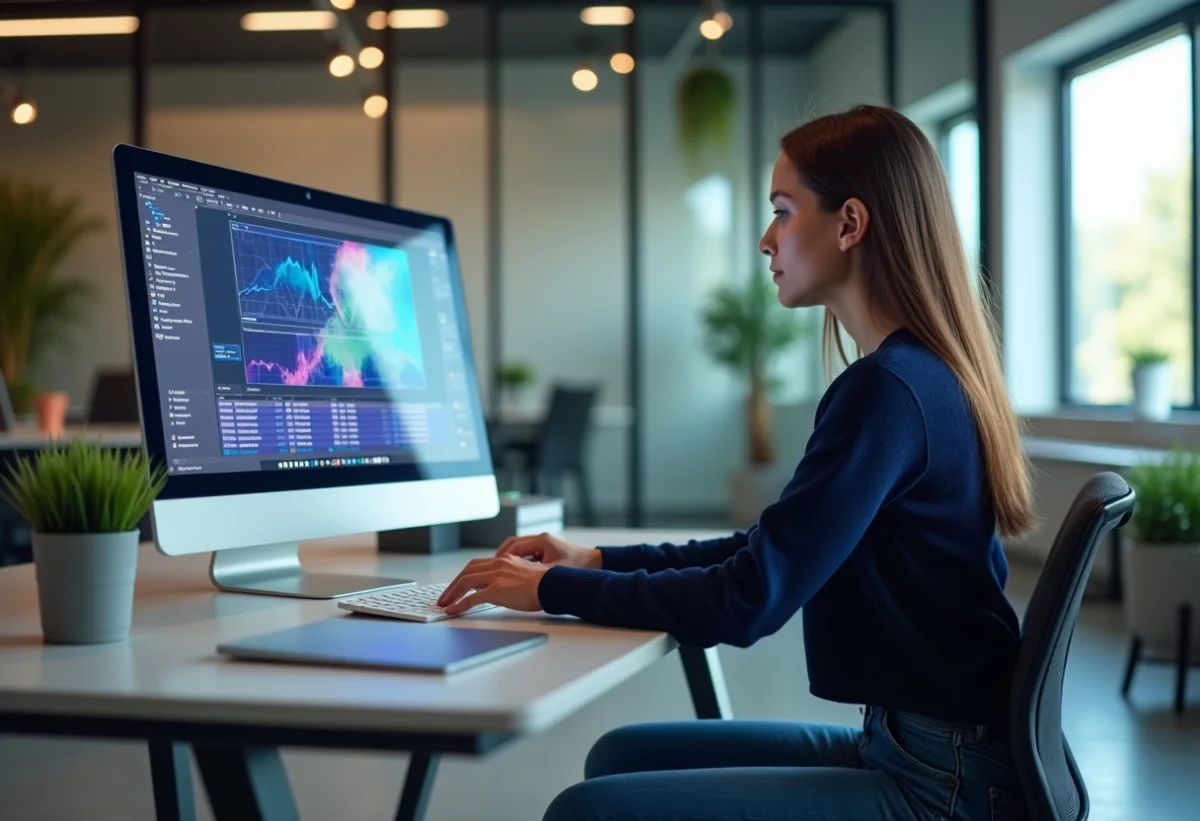 Jeune femme au bureau interagissant avec un écran tactile pour l'article {titre}