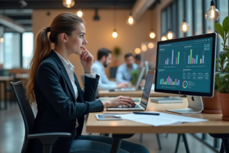 Jeune femme en bureau moderne travaillant sur un ordinateur portable