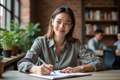 Jeune femme esquissant des idées dans un espace coworking moderne