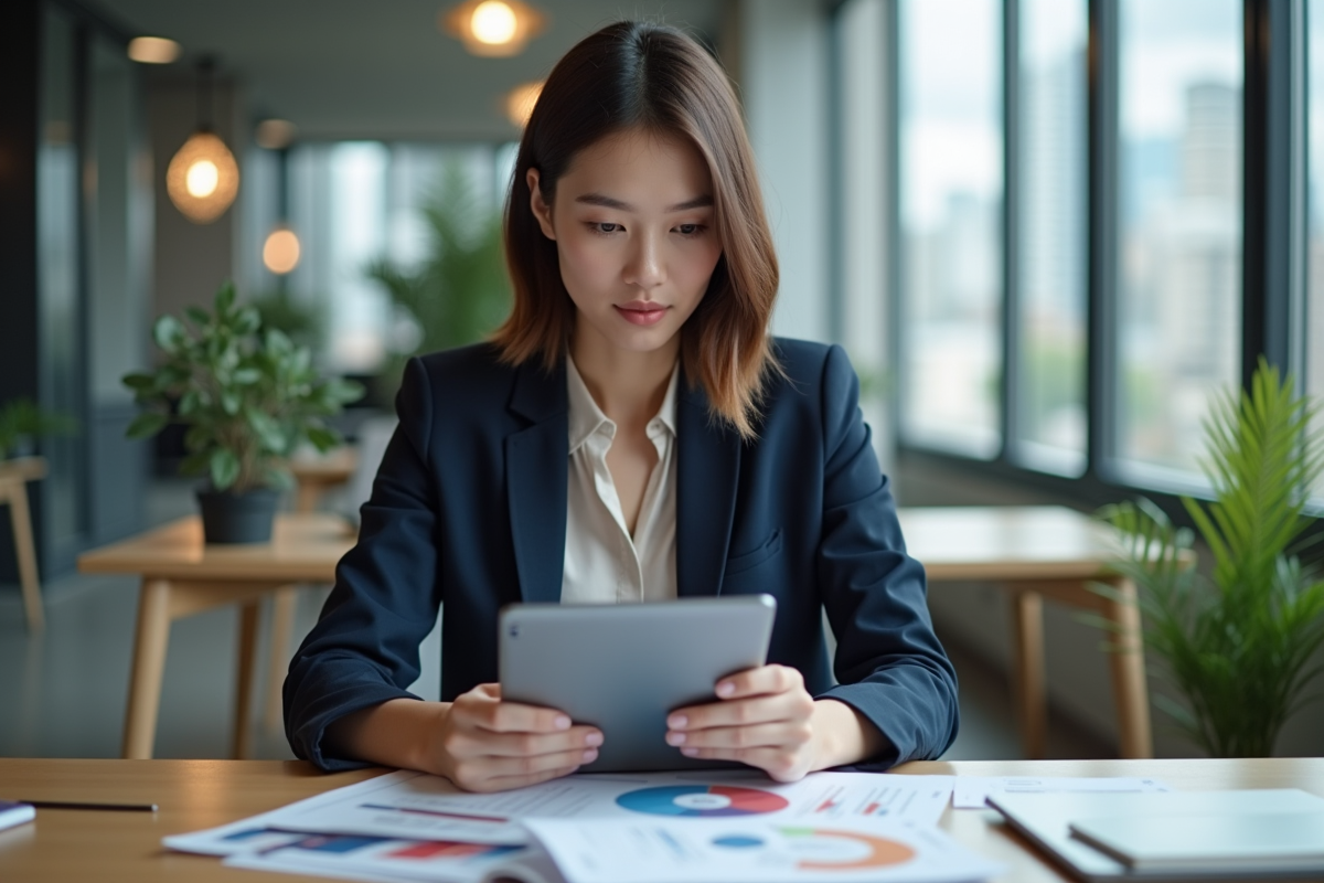 Jeune femme en bureau analysant des rapports fintech
