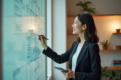 Jeune femme en bureau moderne esquissant des idées créatives