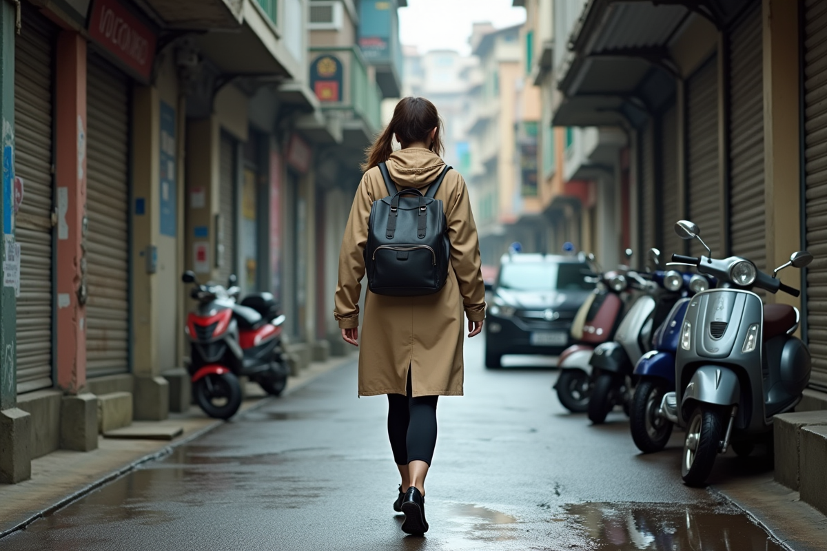 Jeune femme marchant dans une rue urbaine avec posters