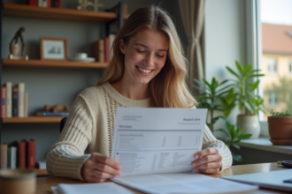 Jeune femme souriante vérifiant un rapport de crédit à la maison