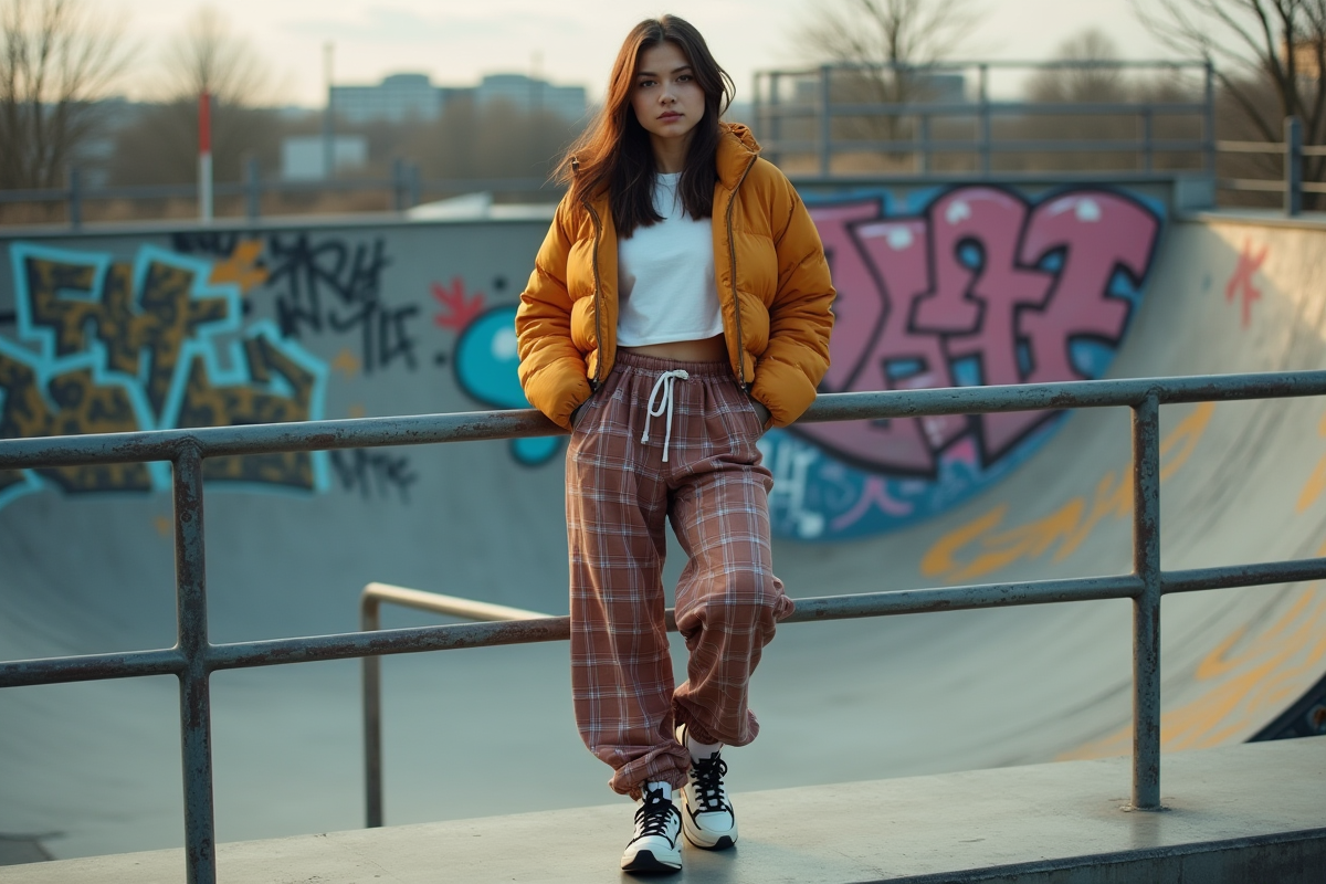 Jeune femme confiante en streetwear dans un skatepark