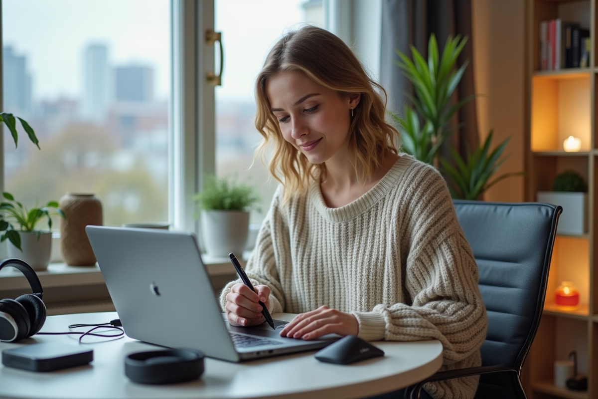 Jeune femme utilisant une tablette graphique dans son salon