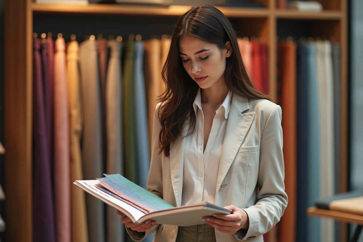 Jeune femme examine un échantillon de tissus dans une boutique de textiles
