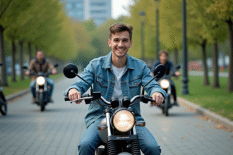 Jeune homme souriant sur une moto Skyteam 125 Dax en plein air