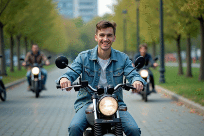 Jeune homme souriant sur une moto Skyteam 125 Dax en plein air