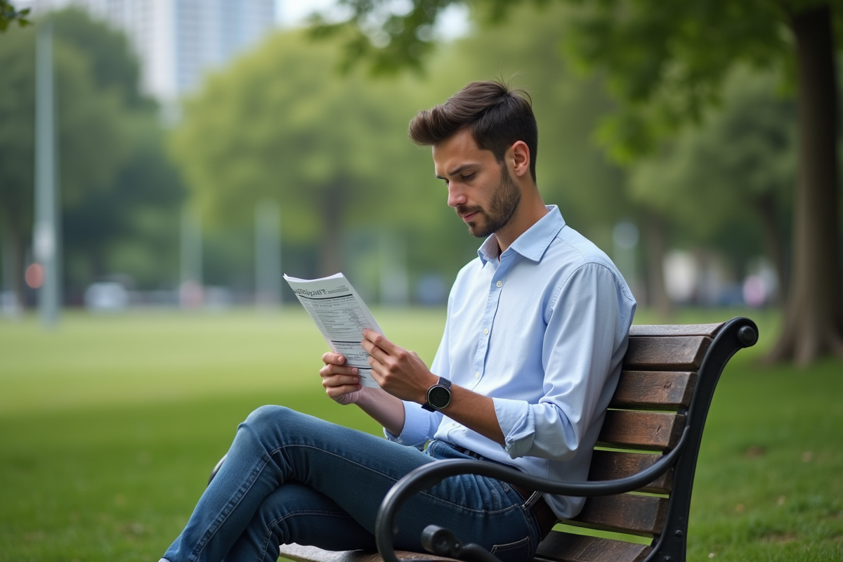 Jeune homme lisant un dépliant santé dans un parc