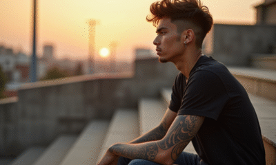 Jeune homme en streetwear avec tatouages tribaux en extérieur