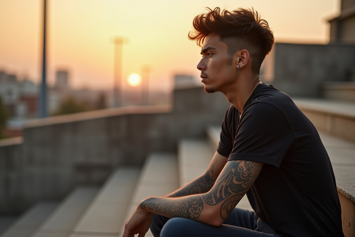 Jeune homme en streetwear avec tatouages tribaux en extérieur