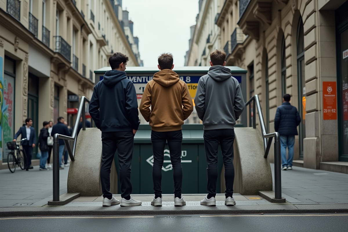 Jeunes attendant près d une entrée de metro parisien