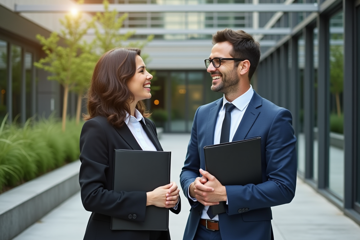Deux dirigeants discutant en extérieur près d