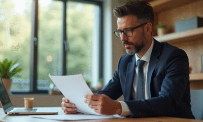 Personne lisant calmement un document juridique à un bureau lumineux