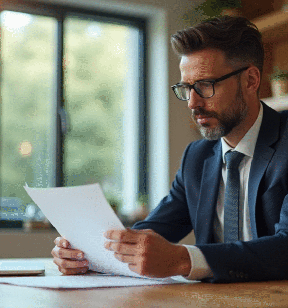 Personne lisant calmement un document juridique à un bureau lumineux