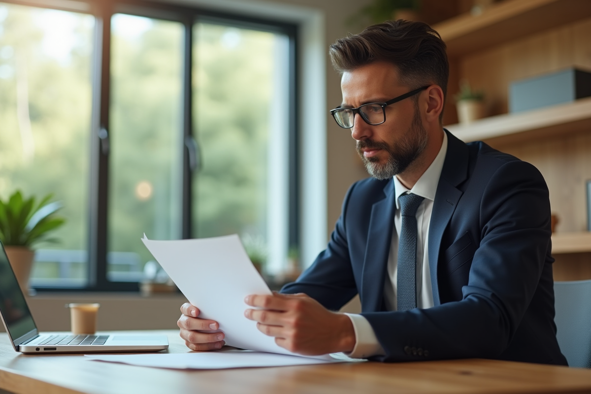 Personne lisant calmement un document juridique à un bureau lumineux