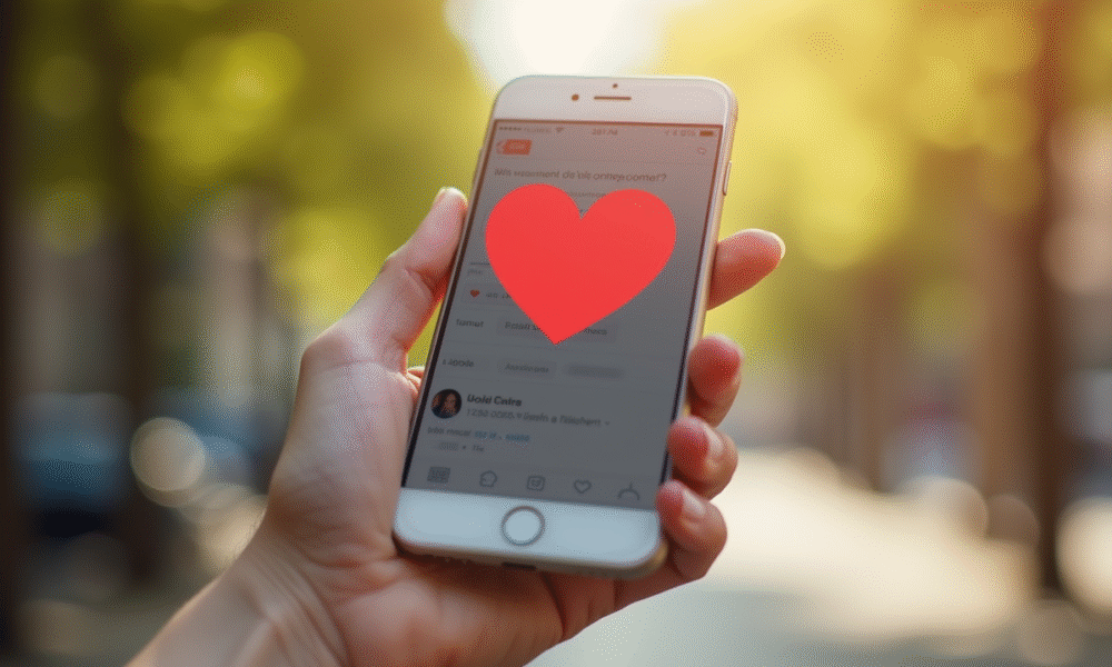 Main d'une jeune femme tenant un smartphone avec notification de coeur