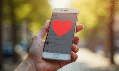 Main d'une jeune femme tenant un smartphone avec notification de coeur