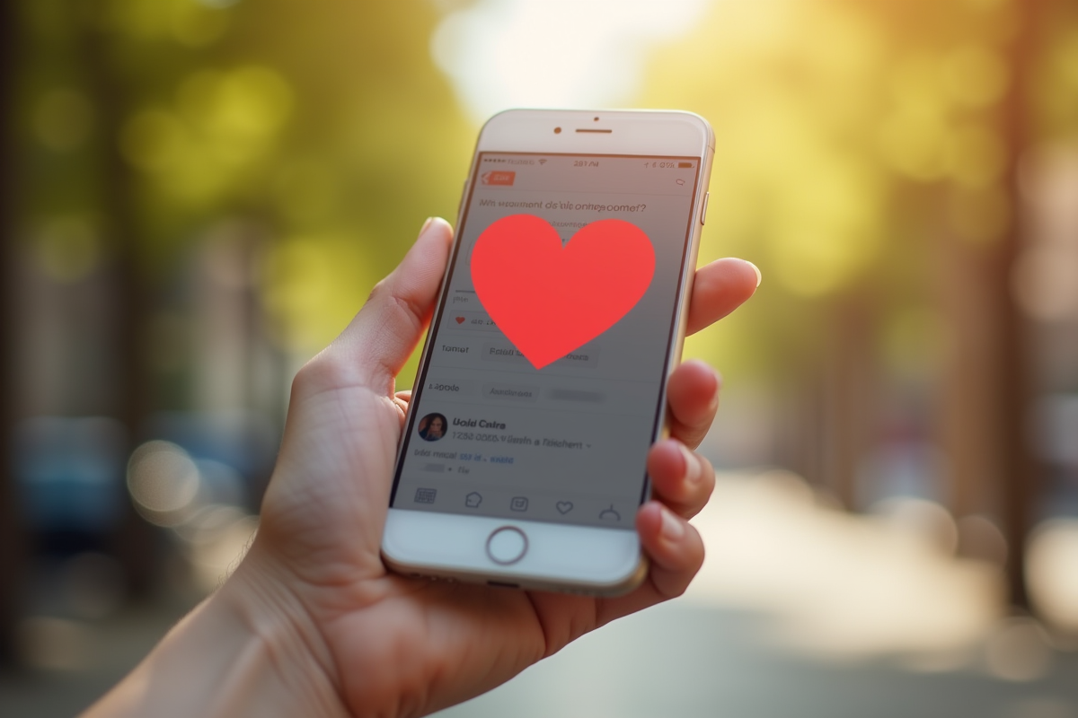 Main d'une jeune femme tenant un smartphone avec notification de coeur