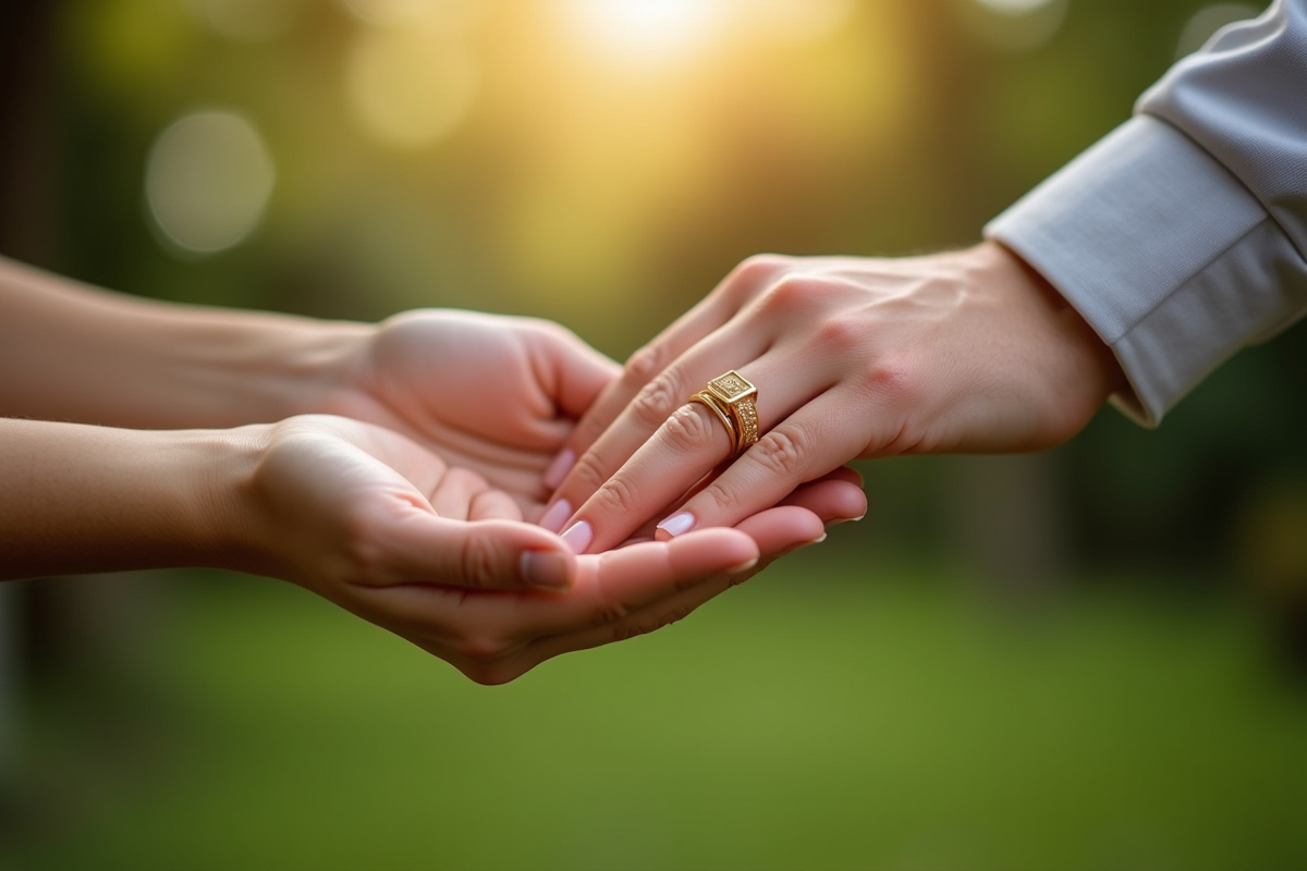 Mains avec alliances de mariage dans un jardin naturel