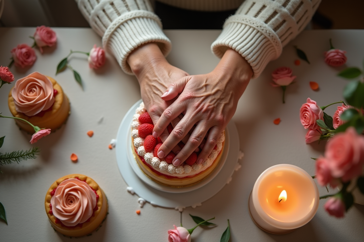 Mains d agees entrelacees sur une table festive avec gateau