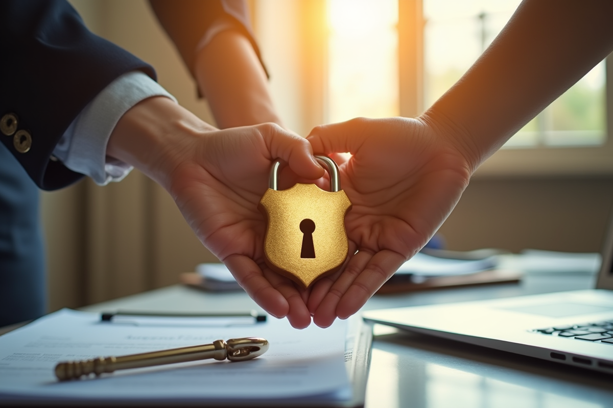 Trois mains entrelacees tenant un cadenas un bouclier et une clé