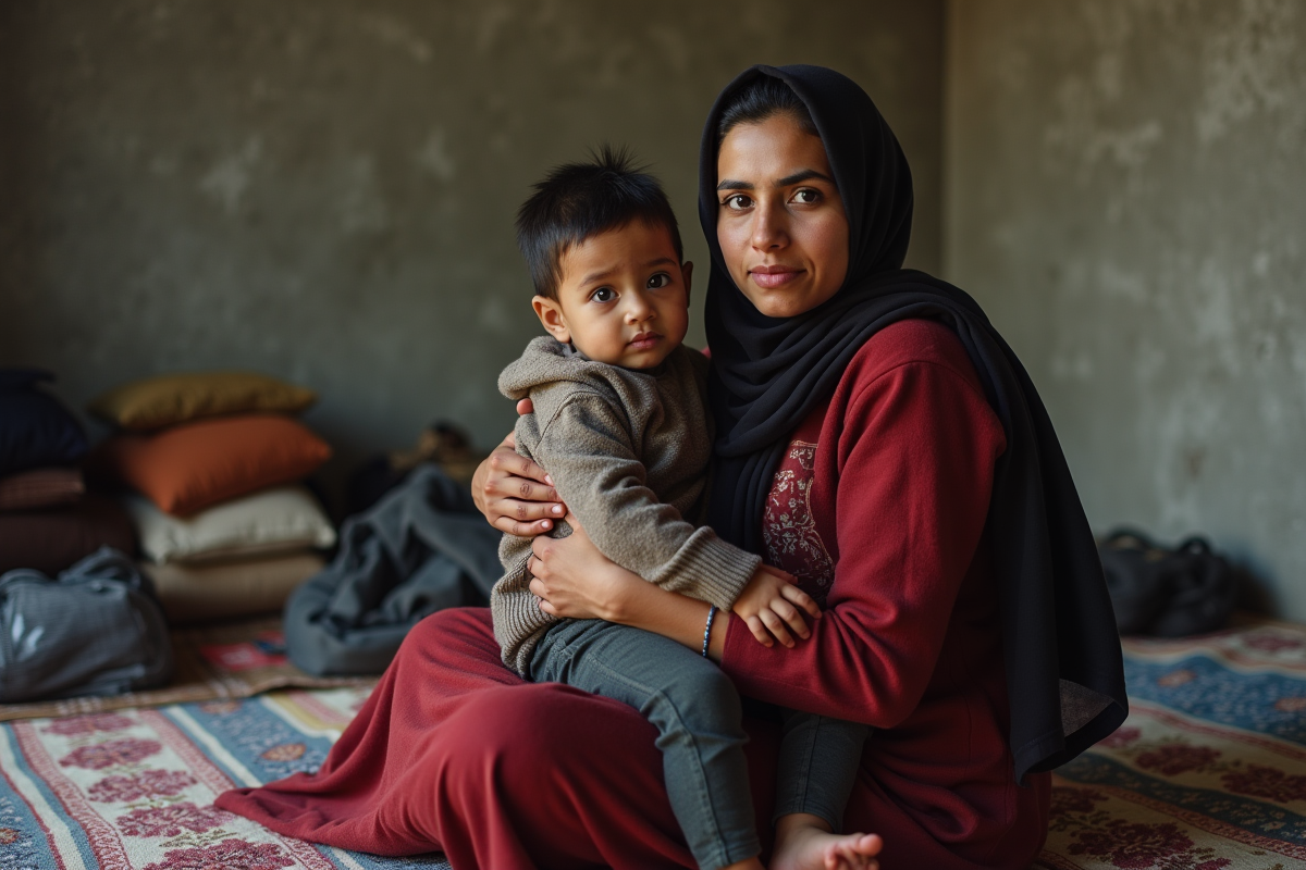 Mère migrant tenant son enfant dans un refuge