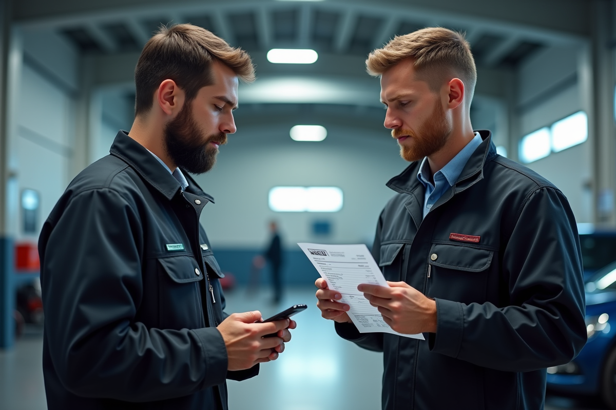Mecanicien et client discutent dans un garage lumineux