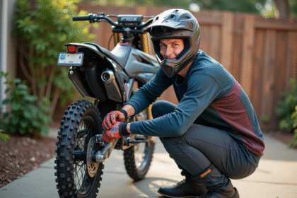Jeune homme en motocross installant des poignées colorées