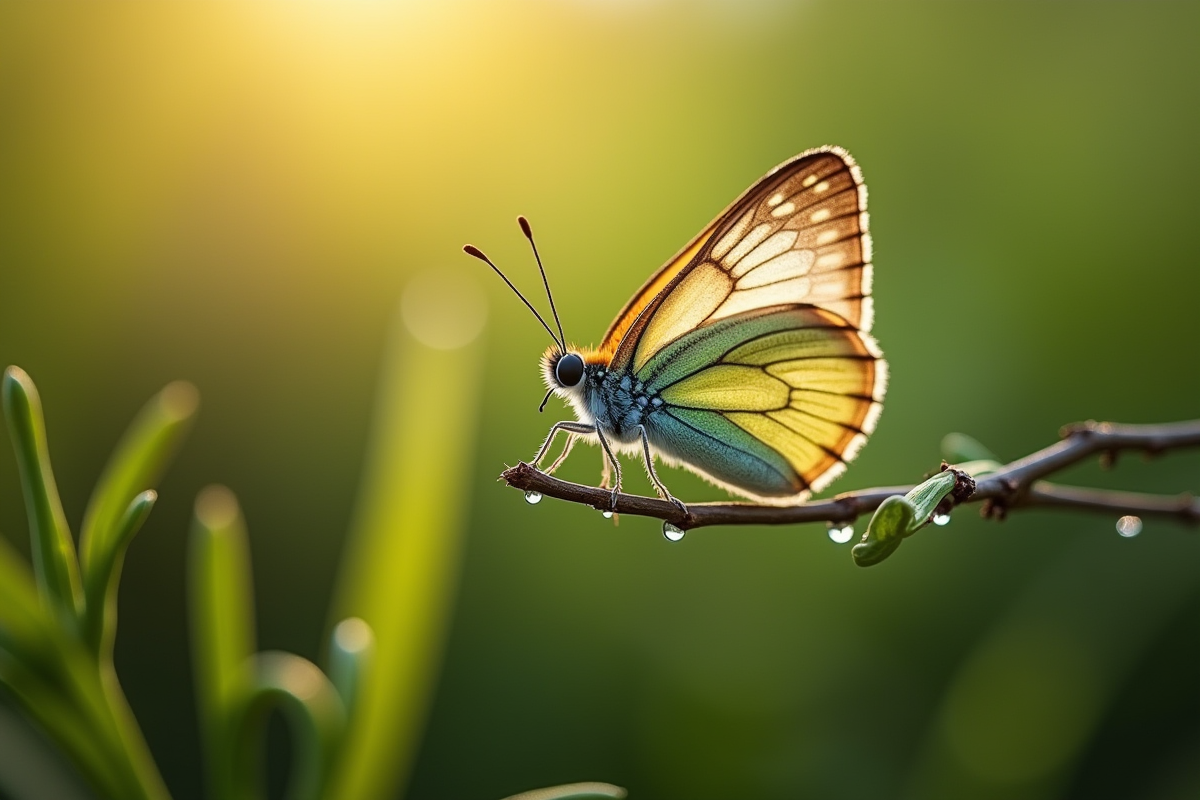Papillon émergé sur branche avec rosée au matin