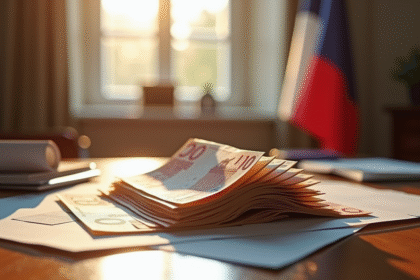 Pile de billets euros et documents officiels avec drapeau français