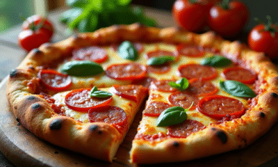 Pizza chorizo fraîche tranchée sur table en bois rustique