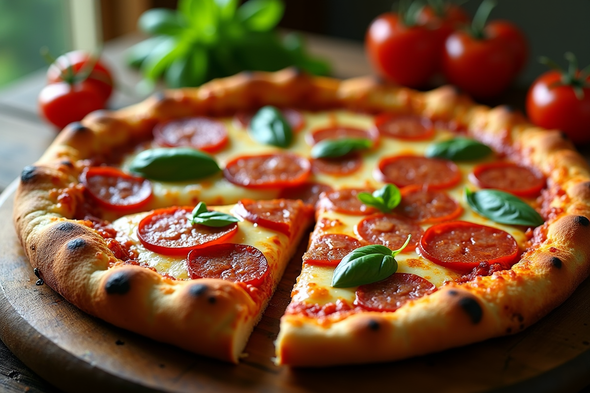 Pizza chorizo fraîche tranchée sur table en bois rustique