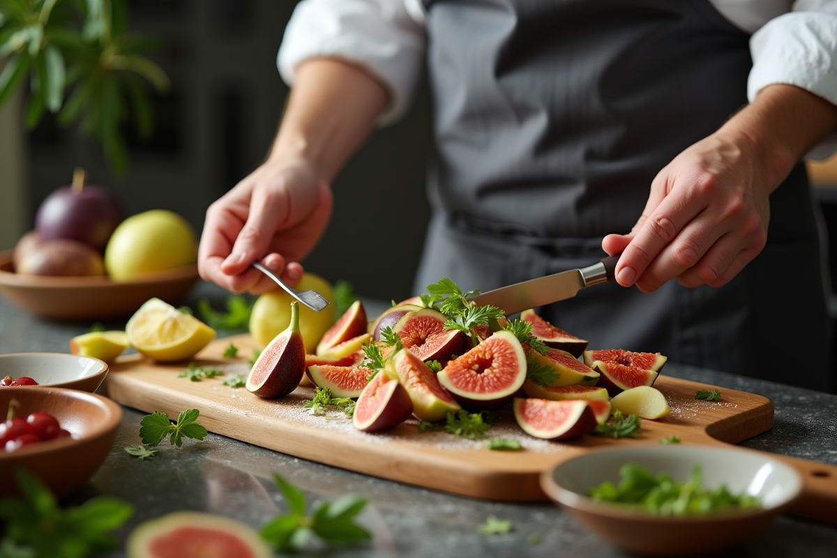 Chef préparant une salade de fruits avec figues et pommes