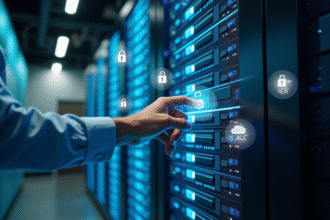 Professionnel en sécurité des données dans un bureau moderne