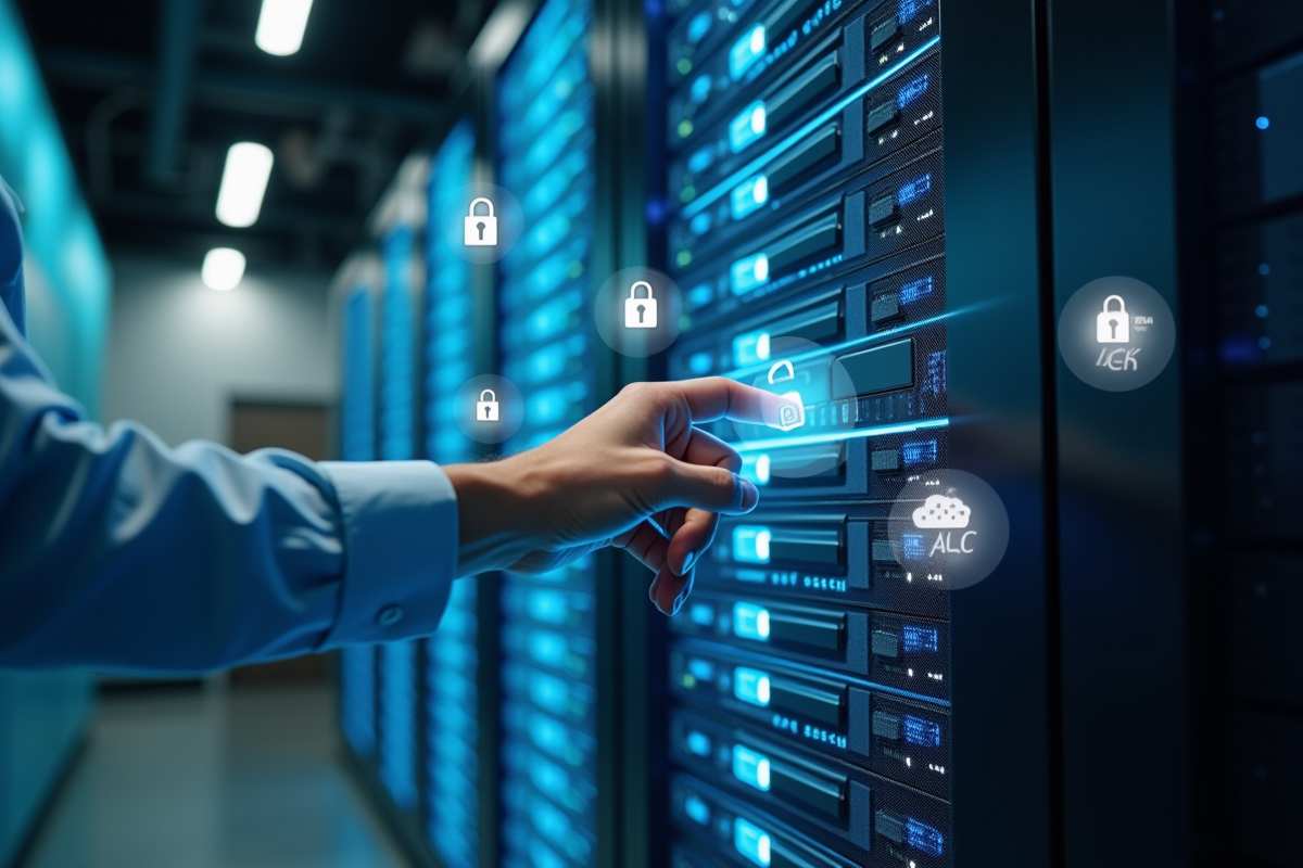Professionnel en sécurité des données dans un bureau moderne