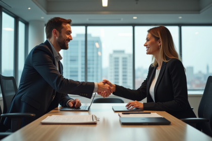 Deux professionnels souriants se serrant la main dans un bureau moderne