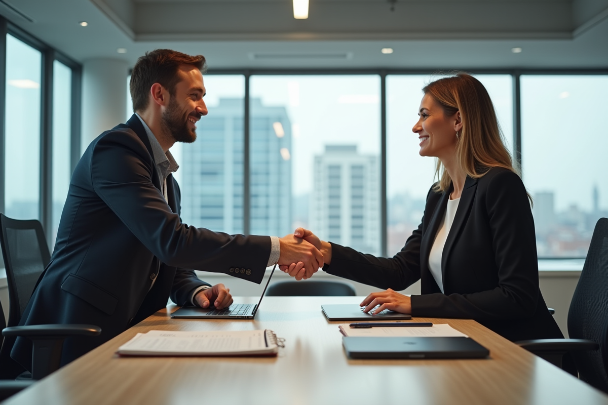 Deux professionnels souriants se serrant la main dans un bureau moderne