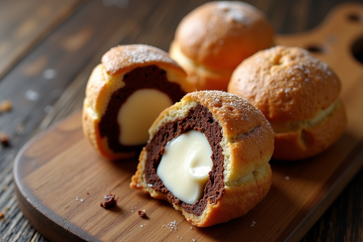 Profiterole coupée avec glace à la vanille à l
