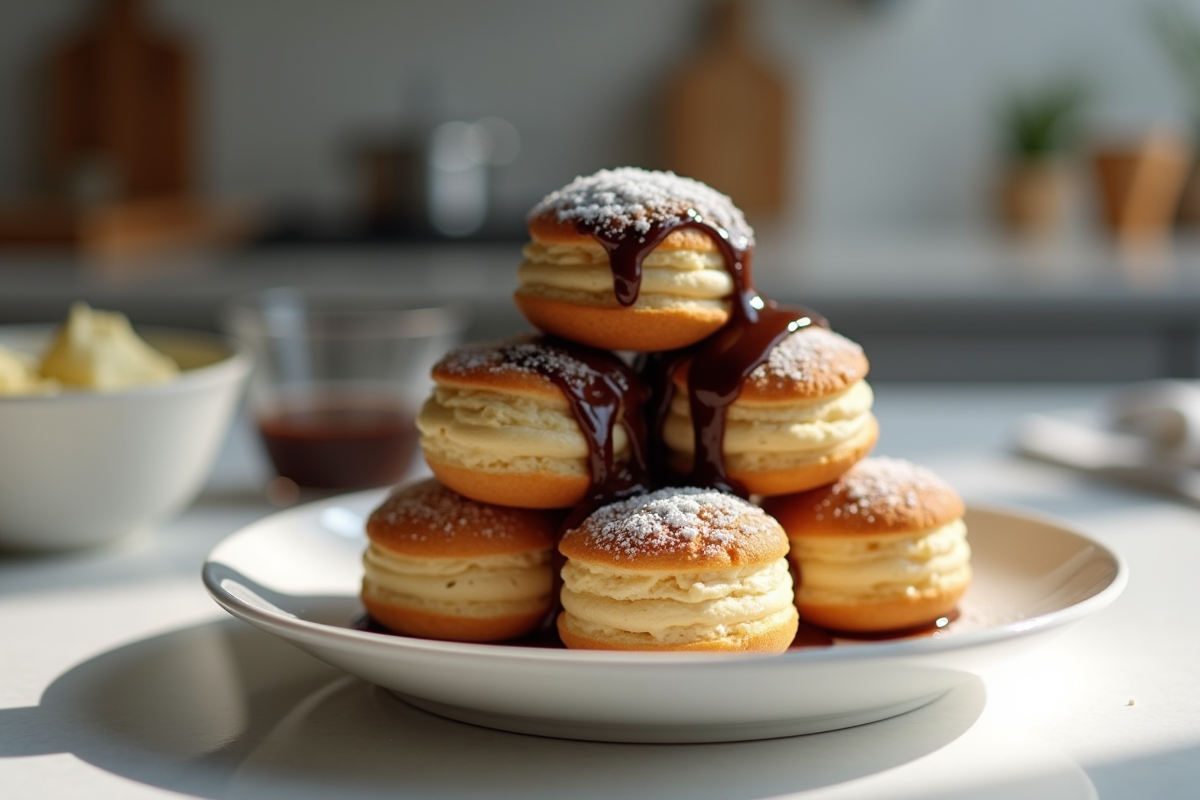 Profiteroles fraîchement faites avec sauce chocolat brillante