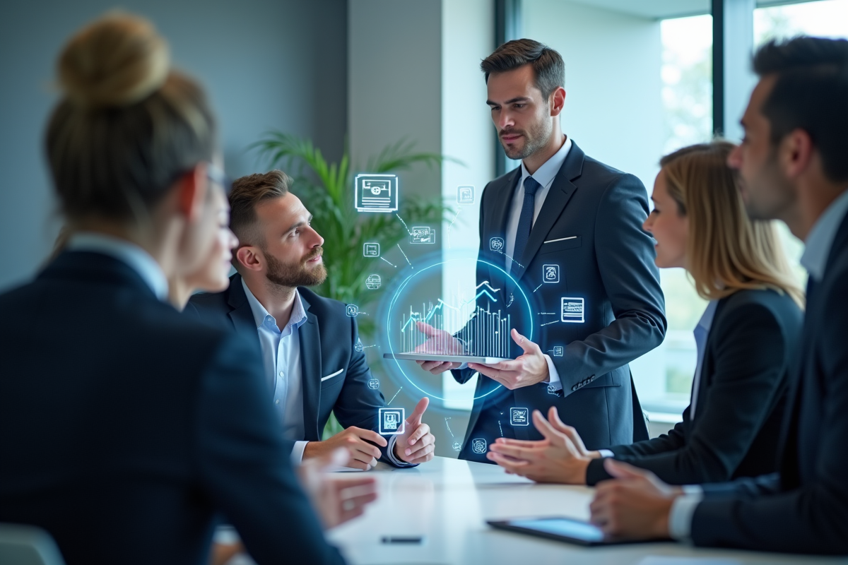 Professionnels discutant avec icônes financières numériques