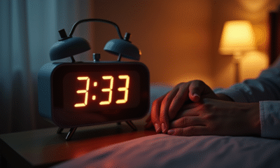 Réveil digital dans la chambre avec mains entrelacees