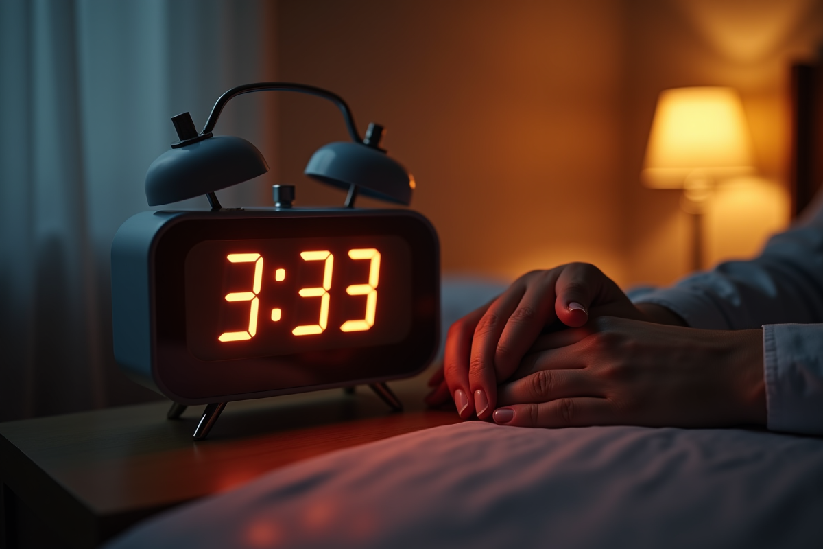 Réveil digital dans la chambre avec mains entrelacees