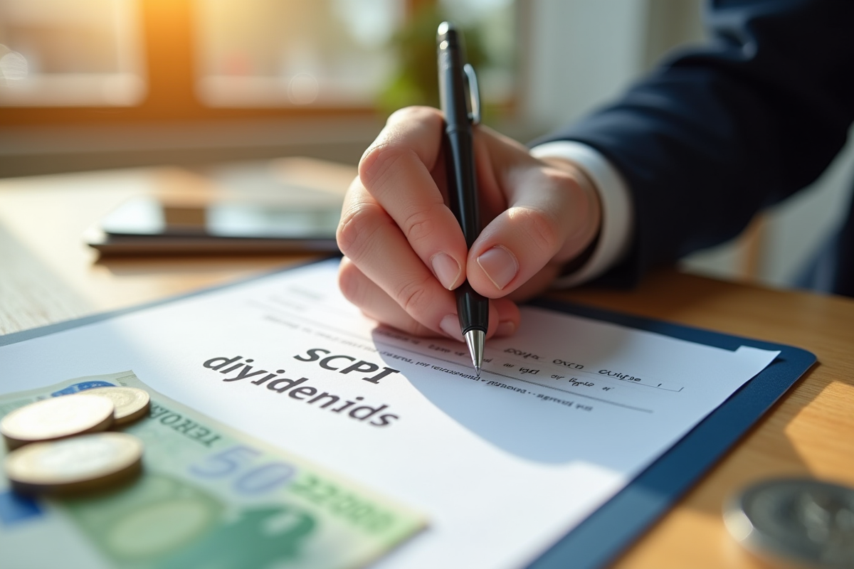 Main signant un document sur les dividendes SCPI avec monnaie